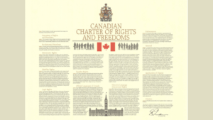 Image of the Canadian Charter of Rights and Freedoms document with official text and Canadian flag emblem.