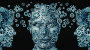 Human faces made of interlocking gears, symbolizing complex thought and artificial intelligence collaboration.